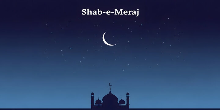 Shab e meraj night sky illustration with mosque silhouette and crescent moon