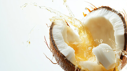 A freshly cracked coconut with juice splashing out, capturing the essence of tropical refreshment AI Generative