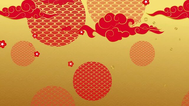 Festive golden background illustration with traditional red auspicious clouds, intricate patterned circles, and delicate blossom accents, perfect for cultural event design.