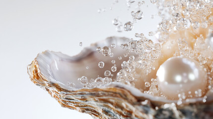 A close-up shot of a seashell containing pearls with water splashing on the pearls AI Generative