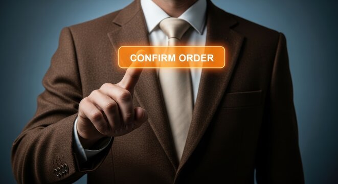 Businessmans hand activating the confirm order button on a digital interface - Powered by Adobe