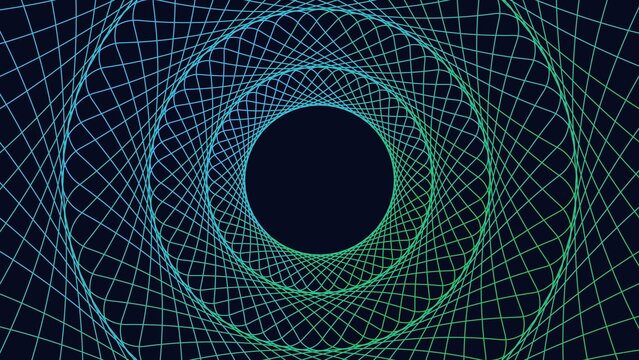 Abstract blue green geometric spiral grid vortex on dark background