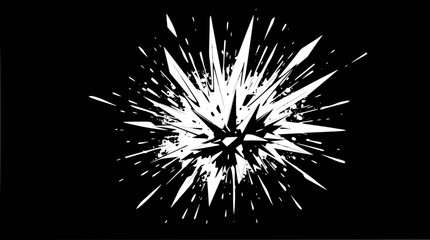 Obraz premium Abstract white spiky explosion graphic on a black background, depicting a dynamic starburst effect.