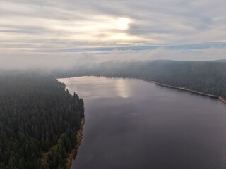 serene landscape featuring still pond enclosed by vibrant evergreen forests and shimmering surfaces