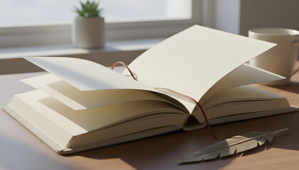 A blank journal with a feather quill sits bathed in gentle morning light, evoking a sense of creativity, contemplation, and the potential of a new chapter