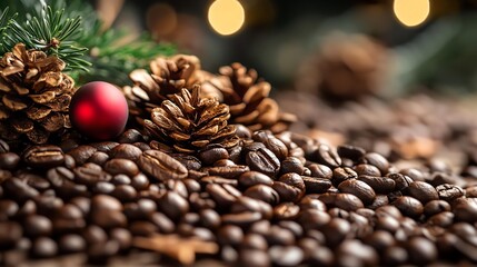 Obraz premium A cozy arrangement of coffee beans, pine cones, and festive decorations, perfect for seasonal settings.