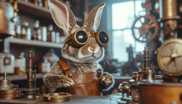 Steampunk rabbit inventor in Victorian workshop