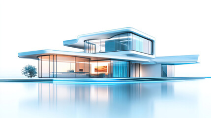 A modern house architecture with blue reflection in the water, showcasing a contemporary design AI Generative