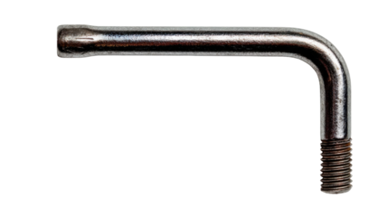 L-shaped screw hook in silver metal, providing mounting support and secure fastening on transparent background