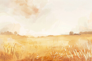 Soft Watercolor Landscape of Golden Hayfields and Distant Barns
