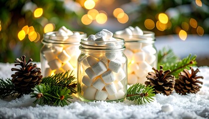 Three jars filled with white marshmallows displayed on snow next to pine cones and festive glowing golden bokeh