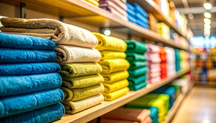Rows of folded blue beige yellow and green plush towels displayed neatly on wooden store shelves