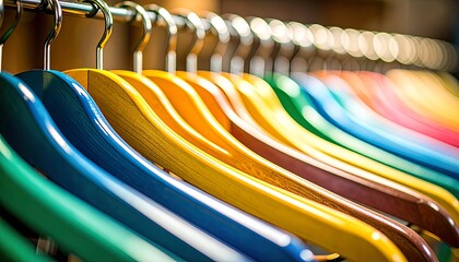 Row of brightly colored wooden clothes hangers displaying a vibrant spectrum of colors on a chrome metal rack