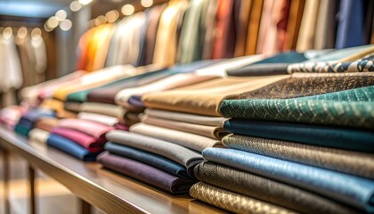 Close up of neatly folded stacks of high quality colorful textiles and luxury fabrics displayed on a wooden shelf