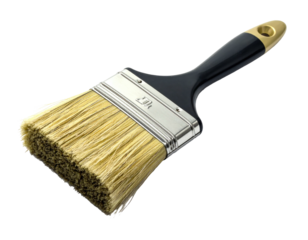 Wide paint brush. Black handle, bright bristles