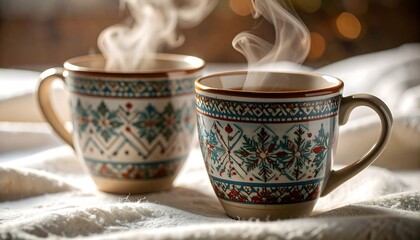 Pair of steaming hot beverages in patterned winter mugs placed on a warm textured white blanket indoors