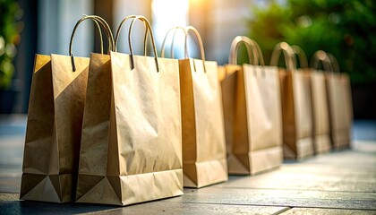 Several recyclable brown kraft paper shopping bags stand in a row outdoors under warm bright sunlight