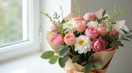 Elegant bouquet of roses and daisies by the window