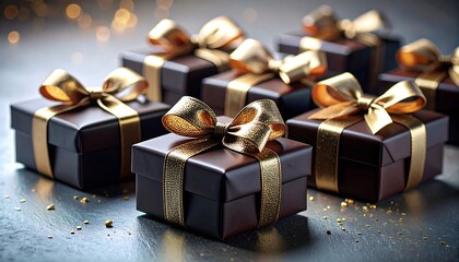 Array of elegant dark brown gift boxes tied with bright golden bows rests on a reflective surface with festive bokeh