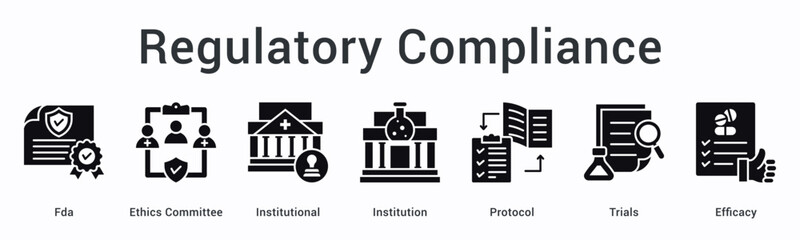 Fototapeta premium Regulatory compliance banner web icon ensures fda and ethics committee institutional protocol adherence measuring trials efficacy.