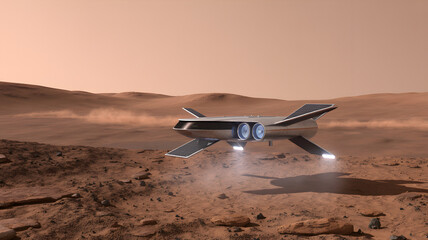 Spaceship launching from Mars planet with orange sand terrain environment.