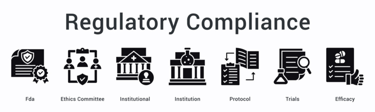 Regulatory compliance banner web icon ensures fda and ethics committee institutional protocol adherence measuring trials efficacy.