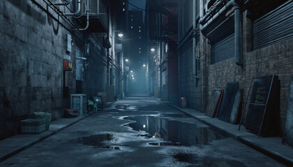 Empty urban alleyway illuminated by streetlights, with puddles reflecting the lights.