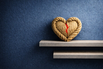 Broken Rope Heart on Minimal Wall Shelf with Deep Blue Textured Background