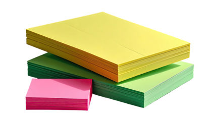 Stacked notes. Yellow, green, and pink colored paper piles