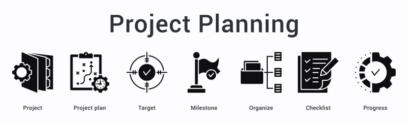 Project planning banner web icon establishes blueprint with targets and milestones using organized checklists for progress.