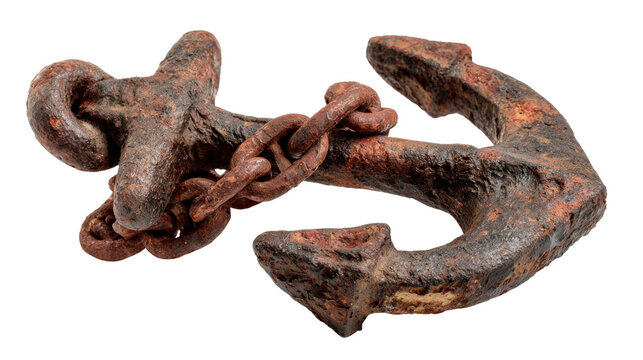 Rusted boat anchor with a heavy chain, showing decay and history against a transparent background