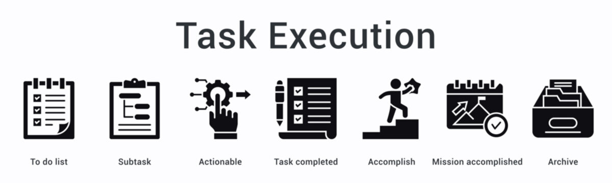 Task execution banner web icon manages lists with subtasks through actionable steps to accomplished missions and archiving.