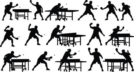 Table Tennis Silhouette Collection Featuring Dynamic Player Poses, Paddle Actions, Ball Movement, Competitive Sports Stance, and Athletic Game Illustration Set