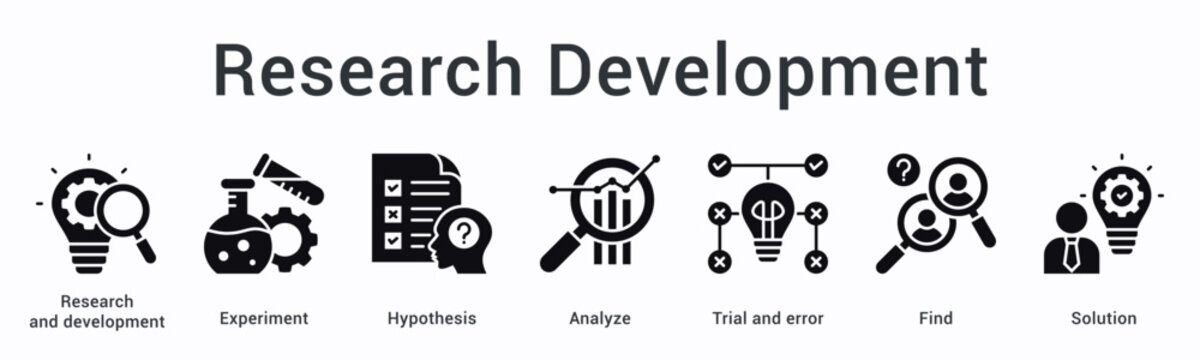 Research development banner web icon explores experiments and hypothesis through analysis and trials finding solutions effectively.