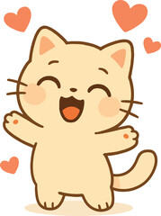 Fototapeta premium Cute Happy Cat Cartoon Illustration with Hearts and Smiling Face