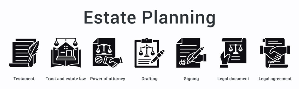 Estate planning banner web icon covers testament and trust law with power of attorney through drafting and signing.