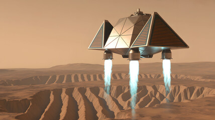 Futuristic triangular spacecraft hovers above Martian canyon, emitting bright blue flames.