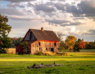 Fototapeta premium Weathered red barn stands amidst a green field beneath a dynamic cloudscape at dusk