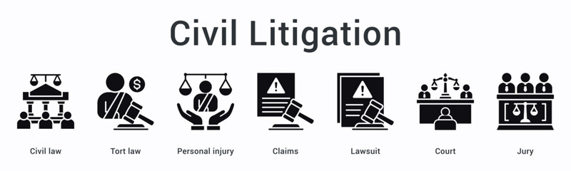 Civil litigation banner web icon addresses tort and personal injury claims through lawsuit proceedings with court jury trials.