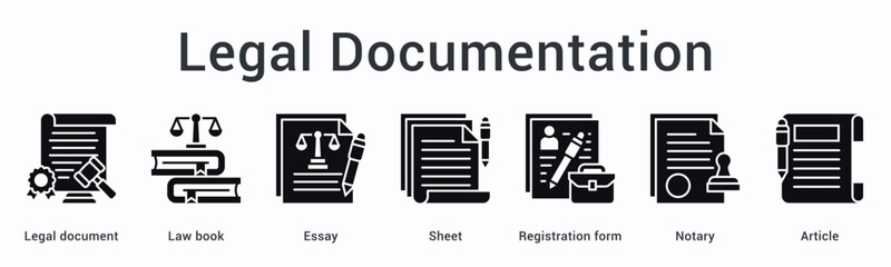 Legal documentation banner web icon organizes documents, law books, and registration forms with notary for article filing.