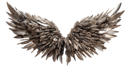 Knife wings presenting a powerful and dangerous concept, shaped from metal blades and cutlery, on a transparent background