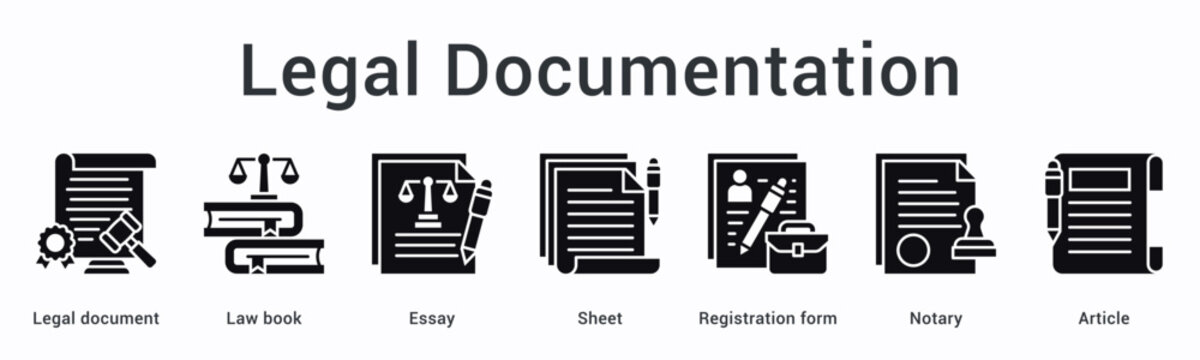 Legal documentation banner web icon organizes documents, law books, and registration forms with notary for article filing.