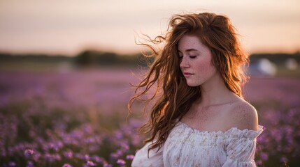 A young red haired woman in a white off shoulder dress standing among purple flowers at sunset expresses romance, freedom, and natural elegance. 