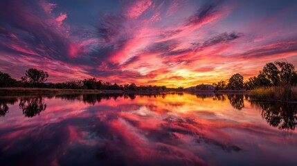 A dramatic sunset with vibrant pink and orange clouds mirrored in calm river water conveys peace, balance, and natural harmony.
