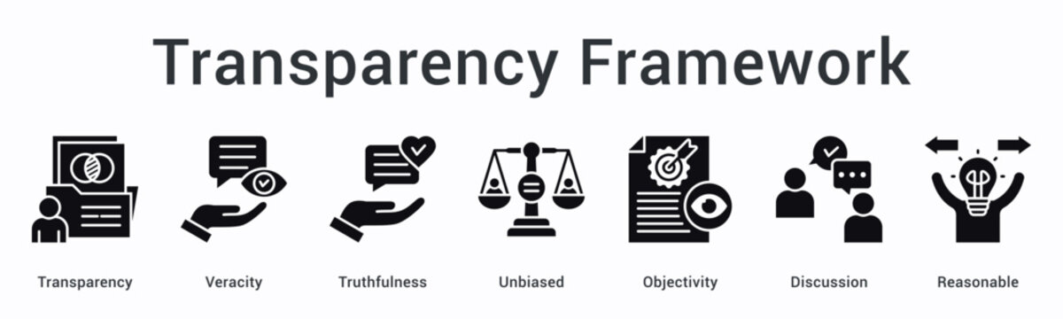 Transparency framework banner web icon promotes veracity and truthfulness with unbiased objectivity through reasonable discussion.