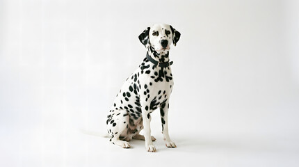 A striking and elegant Dalmatian dog sits patiently and poses calmly against a clean, bright white background, showcasing its unique spotted coat and intelligent expression