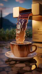 Golden coffee pouring into a mug against a mountain background.