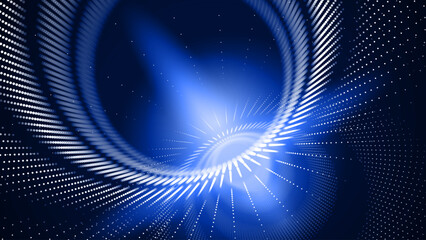 Obraz premium 3D Circles Tech Background with Dotted Lines and Optical Illusion Effect. Big Data Visualization in Dark Space. Modern Dots Style Round Tunnel Banner. Vector Illustration.