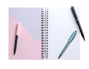 Naklejka premium Open notebook with pens, pink and white pages