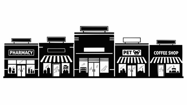 Row of Shops - Pharmacy, Store, Pet Shop, Coffee Shop.